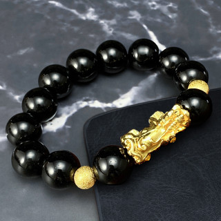 OLEVS Vòng tay Tỳ Hưu Đá Obsidian Đen Charm Vàng Thu Hút Tài Lộc May Mắn