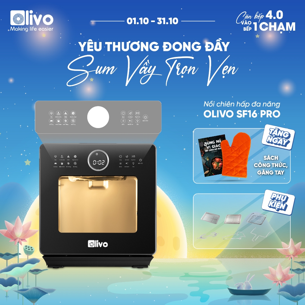 Nồi Chiên Hấp Olivo SF16 Pro 16L – Công Nghệ Hấp Nano Steam – Nồi Chiên Hơi Nước Bản 2025 Có Chú Thích - 70 Chức Năng