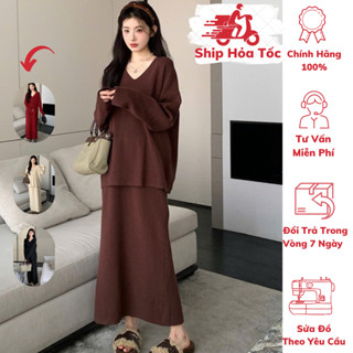    GIÁ MỞ BÁN     40kg - 85kg   Set Áo + Chân Váy Bầu Và Sau Sinh  Len Mềm Cổ V  Form Dễ Mặc  MCN 