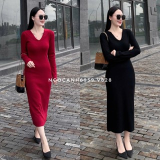 Ngocanh6959 V828 Váy len dáng dài cổ V dài tay loại 1 phong cách tiểu thư sang trọng Hàn Quốc NEW