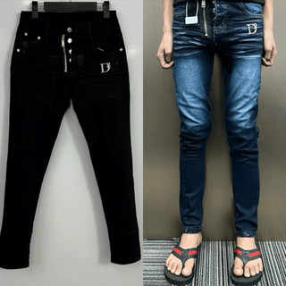  Quần jean đen dập nhăn gim D2 đơn giản thêu khóa lệch bảng 4 cúc thời trang Boy Phố-AHFASHION pants 