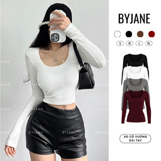 (MỞ BÁN) Áo Thun Nữ Dài Tay Cổ Vuông Ôm Body Cotton Co Giãn 4 Chiều Mềm Mịn Tôn Dáng Basic Sang Trọng BYJANE – 777