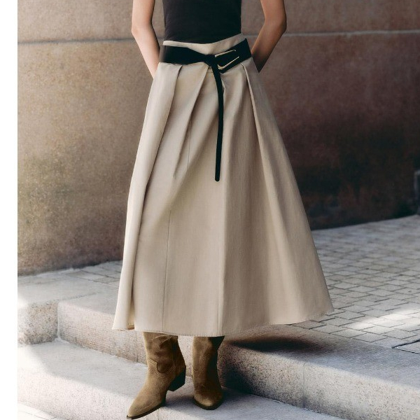 chân váy Zara made in Morocco linen be xếp ly dáng a dài kèm thắt lưng da đen