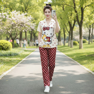  Pijama Tay Cộc Quần Dài Họa Tiết Hello Kitty Hình Mèo Nhật Cute 