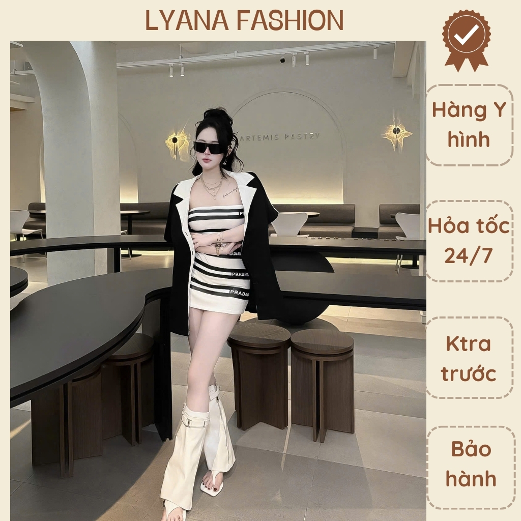 Set Áo Ống Dáng Ngắn Chân Váy Body Kẻ Sọc Trắng Đen Kèm Áo Khoác Blazer Đen LYANA FASHION Phong Cách