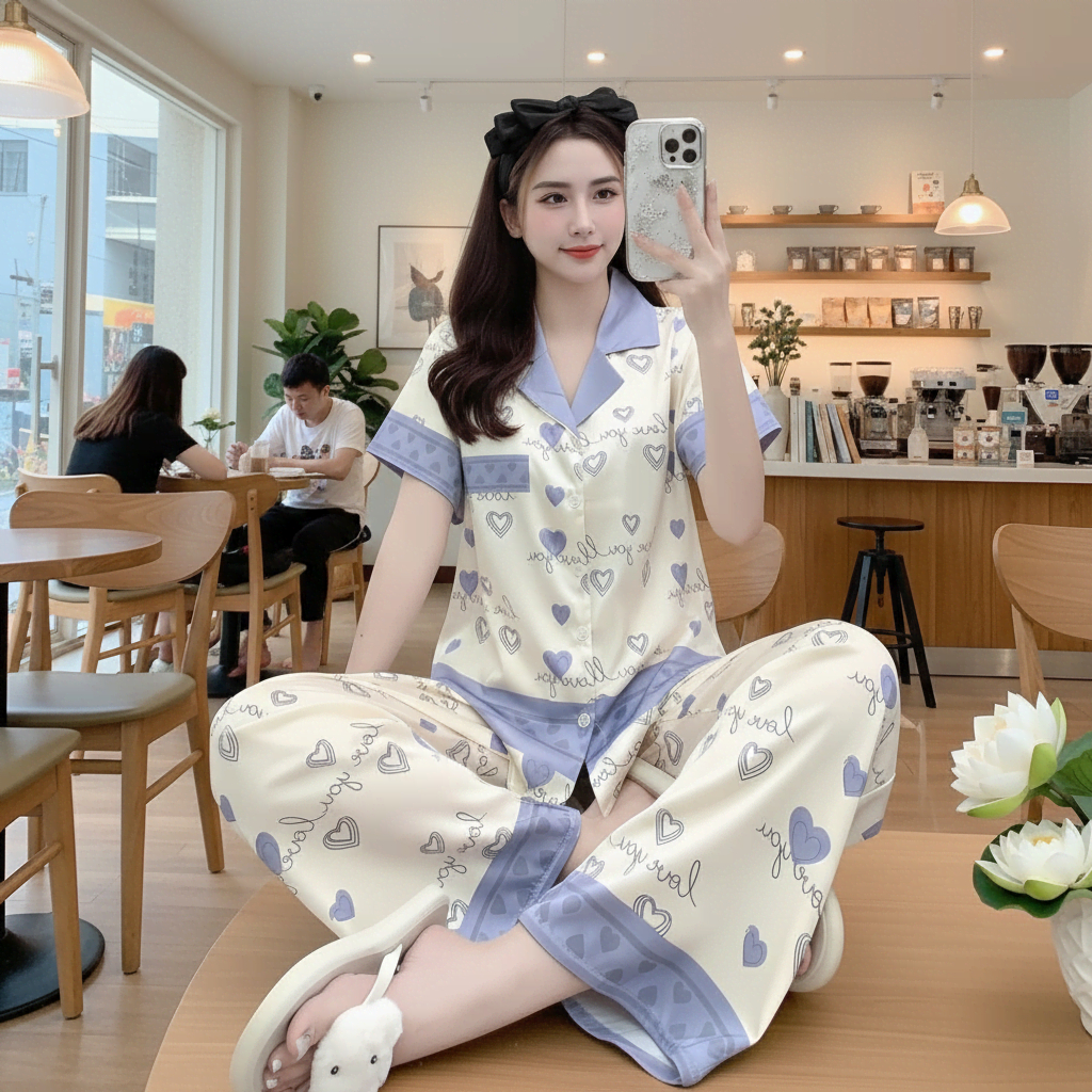 Đồ bộ pijama Lụa nữ áo CỘC quần DÀI họa tiết 5D, Pijama Lụa Họa Tiết Xinh Xắn - Thỏa Sức Sáng Tạo Size 40 -70kg