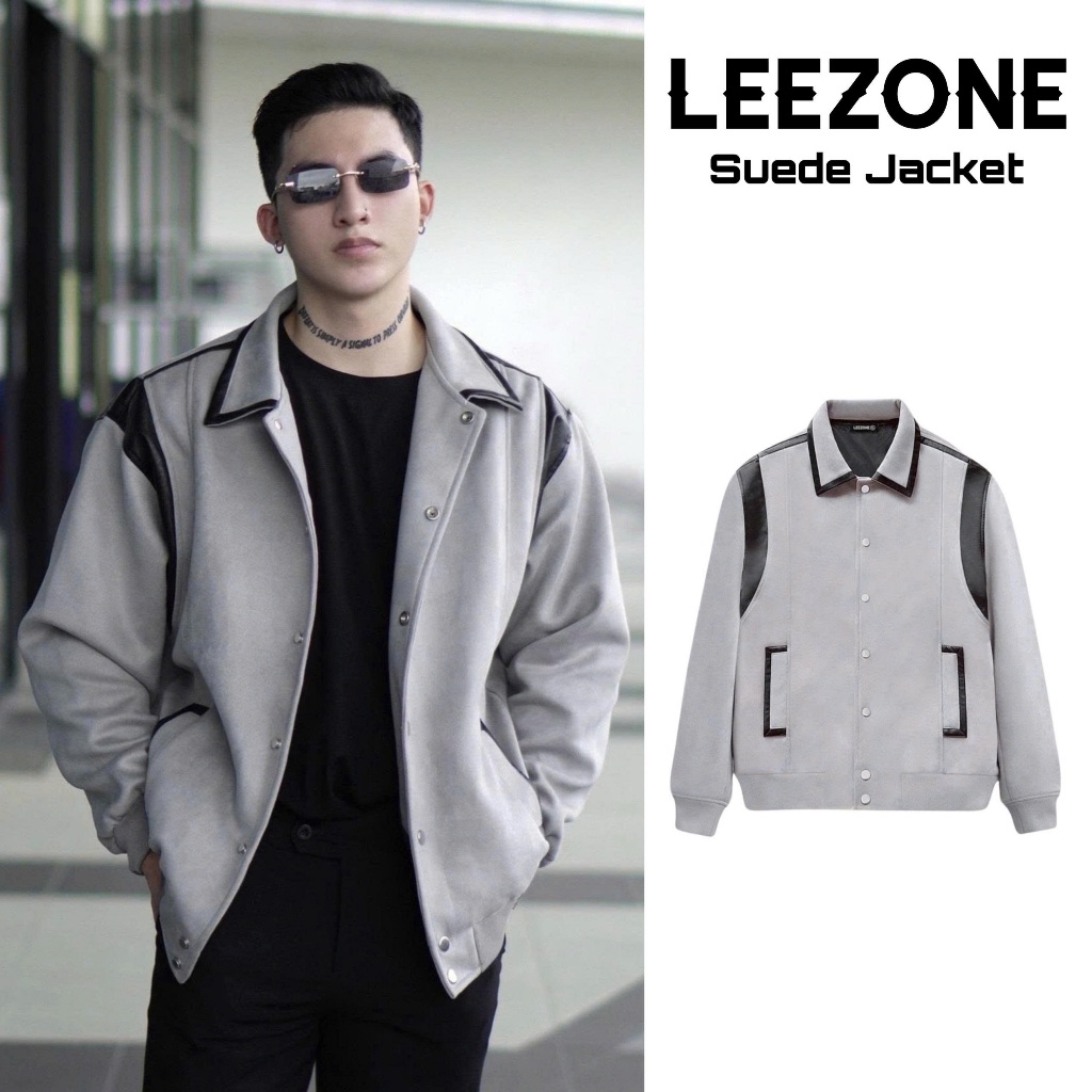 Áo khoác Da lộn nam LeeZone cao cấp | Varsity Tương phản Xám