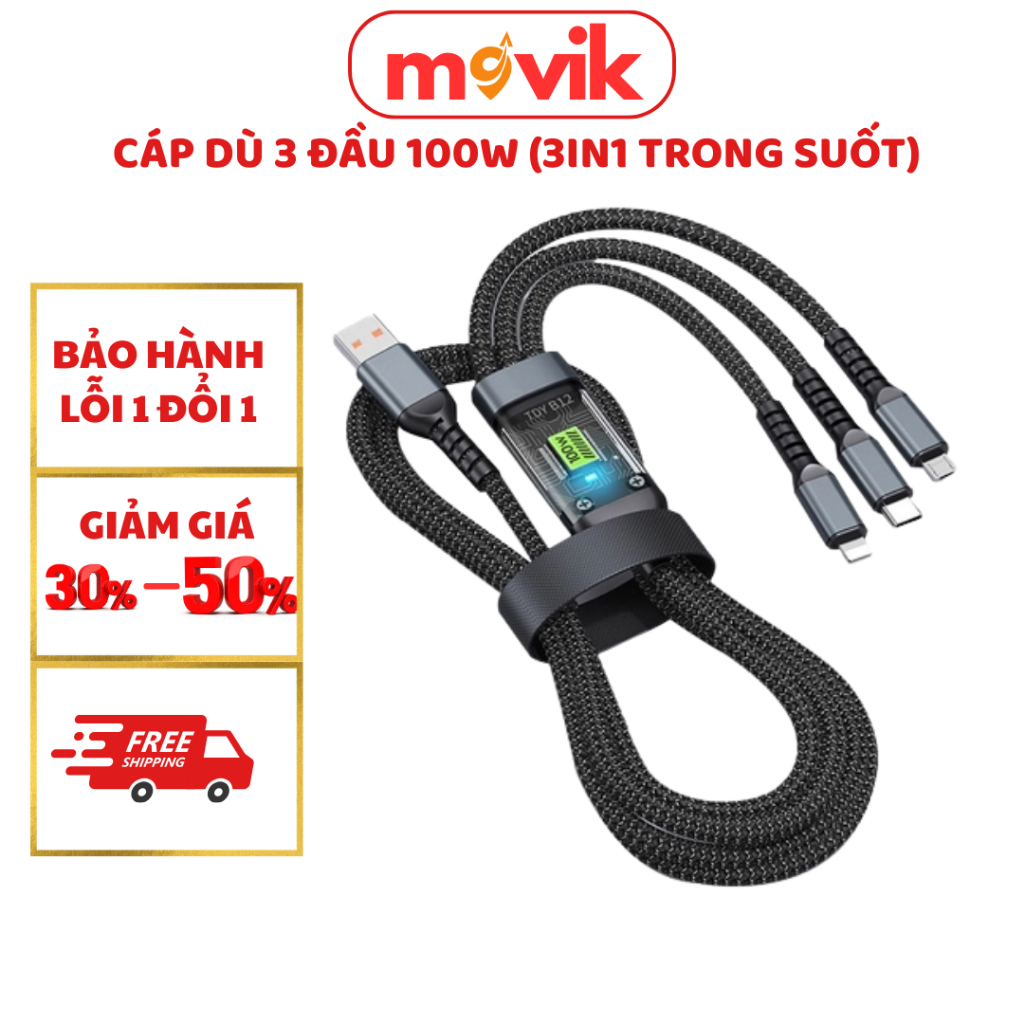 Dây Cáp Dù 3 Đầu 100w (3in1 trong suốt), Cáp sạc siêu nhanh 3 đầu 100W Micro USB Type C, Truyền Tải 