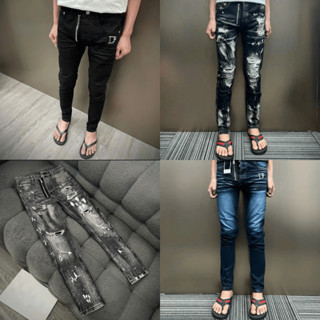  Quần jean D2 xanh logo gim khóa lệch bảng 4 cúc dập nhăn Boy Phố Menswear Pants Ôm gọn 