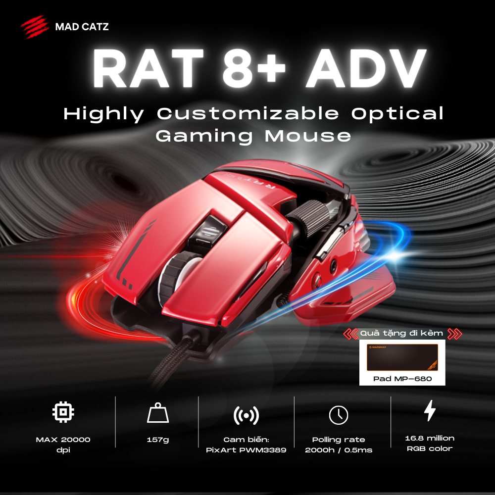 [CHÍNH HÃNG] Chuột Máy Tính Gaming MADCATZ R.A.T 8+ ADV – DPI 20.000, RGB, PMW3389
