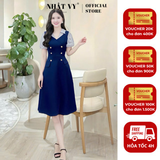  Đầm công sở Nhật Vy cổ sơ mi phối sọc tay bồng đính nút kiểu chất lụa phù hợp đi chơi - D3464 