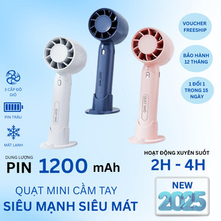 Quạt Cầm Tay Tích Điện Mini, Kèm Chân Đế Để Bàn, Tốc Độ Cao, 3 Mức Gió, Siêu Êm, Nhỏ Gọn, Pin 1200 mAh
