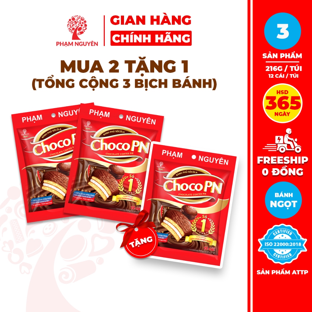[MUA 2 TẶNG 1] Tổng cộng 3 Bịch Bánh phủ socola Choco PN - Thương hiệu số một 216g | Đồ ăn vặt