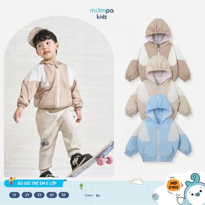 Áo khoác gió cho bé Mompa 1-5 tuổi có mũ 2 lớp lót lưới mềm mại khoá kéo bo ống ấm áp 0105