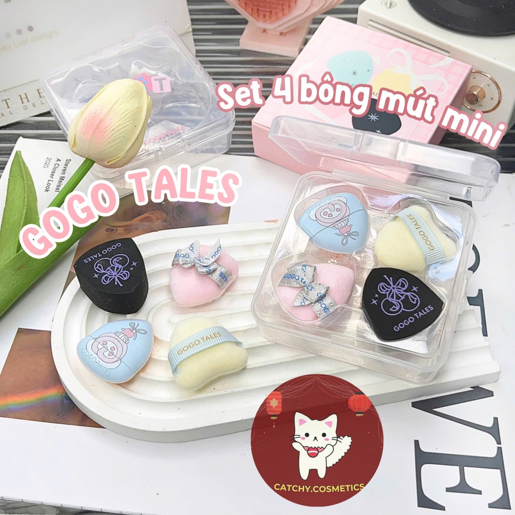 [GOGO TALES] Set 4 Bông Mút Mini GOGO TALES Vỏ Hồng Cute, Fingertip Cloud Puff (GT809)