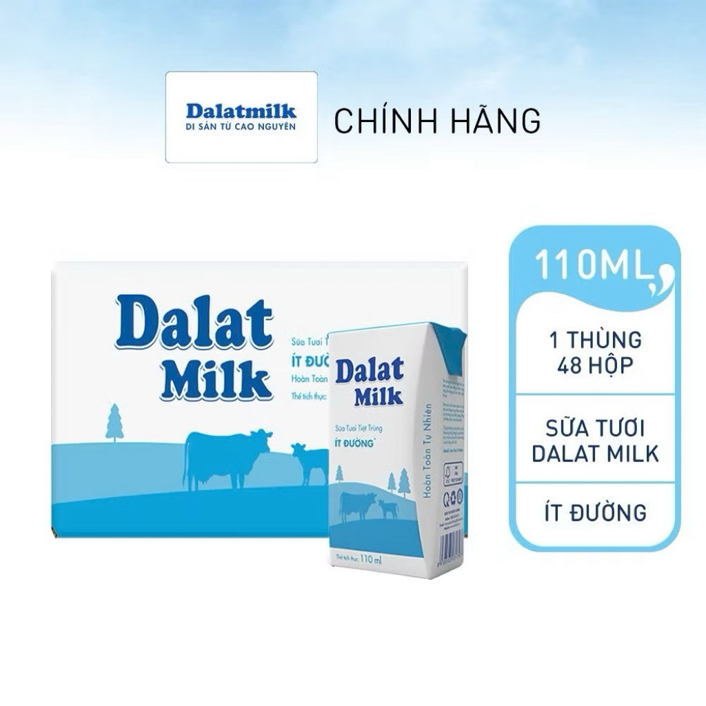 Thùng 48 hộp sữa tươi tiệt trùng ít đường DalatMilk ít đường 110ml (110ml x 48h)