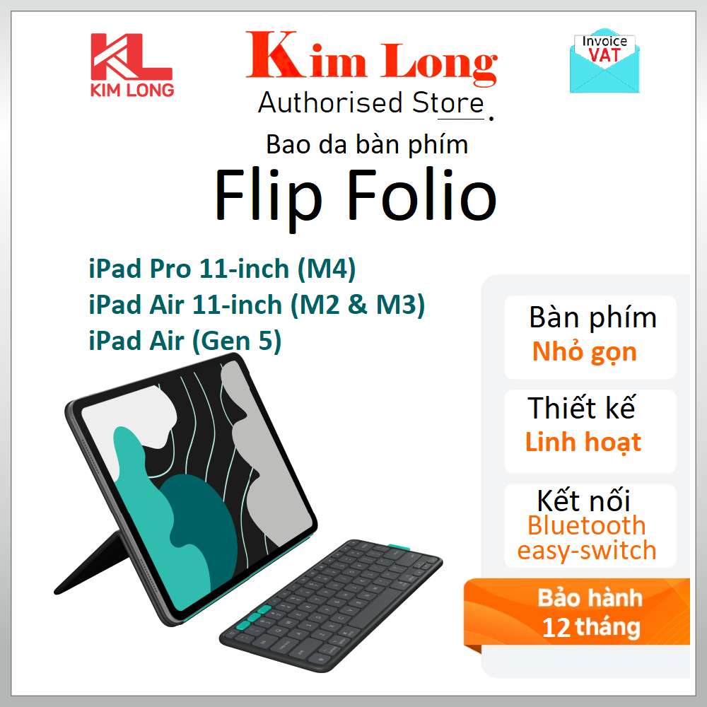 Bao da bàn phím Logitech Flip Folio for iPad Pro 11-inch M4, iPad Air 11-inch M2 & M3, iPad Air Gen 