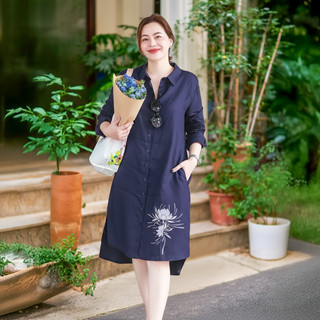 Váy Nữ Sơ Mi LingLing [45-85kg], Váy thêu có lớp lót, dáng suông chất liệu đũi tơ xước kết hợp cùng hoạ tiết thêu nổi