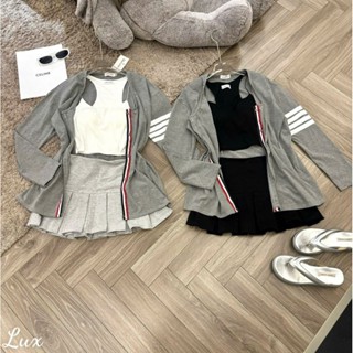 Set Bộ 3 Món Thom Áo Hai Dây Bún Croptop + Khoác Dài + Chân Váy Xếp Ly Basic