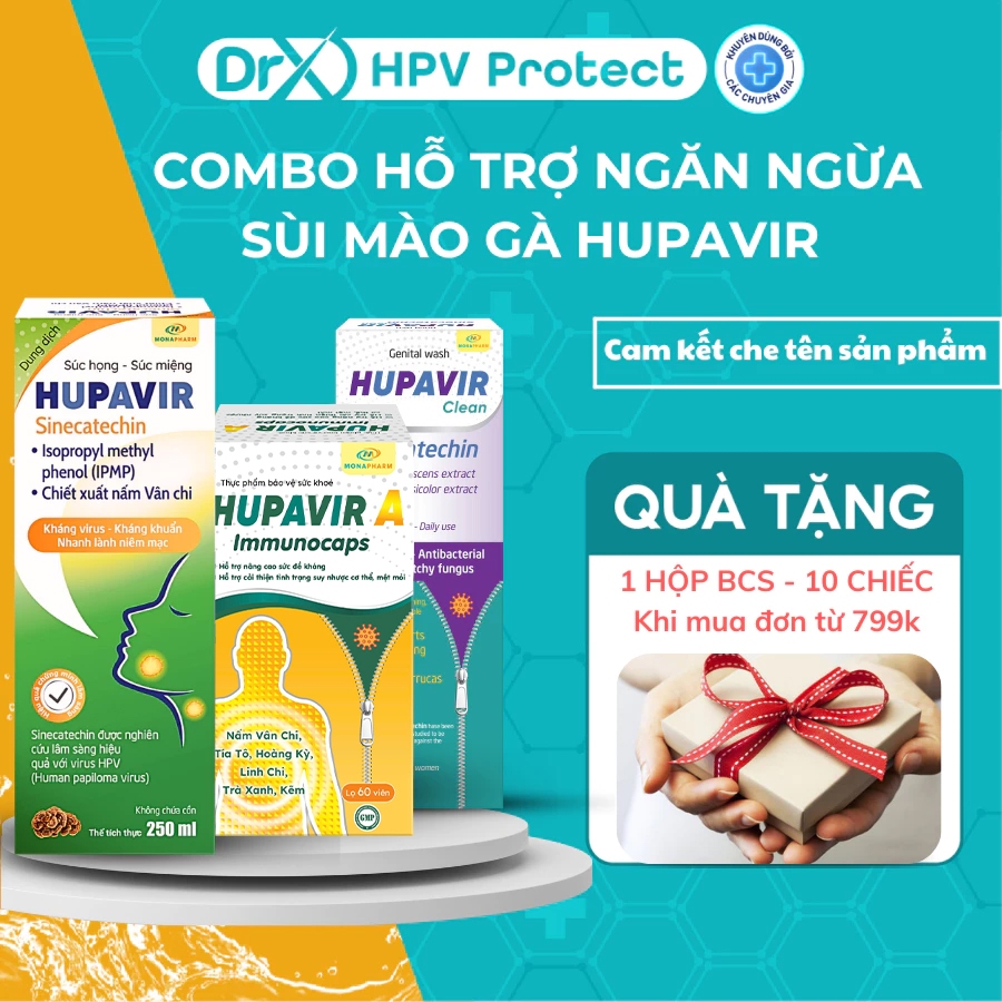 Combo hỗ trợ ngăn ngừa sùi mào gà Hupavir hỗ trợ ngừa nguy cơ lây nhiếm HPV-VU60+Súc họng+DDVS