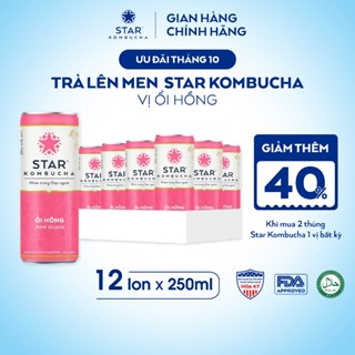 Thùng 12 lon trà STAR KOMBUCHA Ổi Hồng / Pink Guava (250ml/lon) - Trà kombucha hữu cơ có chứa probiotics, tiêu hóa tốt