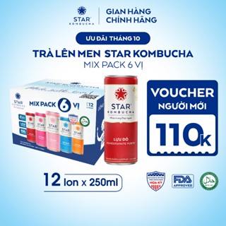 Thùng 12 lon trà lên men Star Kombucha mix vị (250ml/lon) - Trà lên men vi sinh hỗ trợ tiêu hóa, bảo vệ sức khỏe