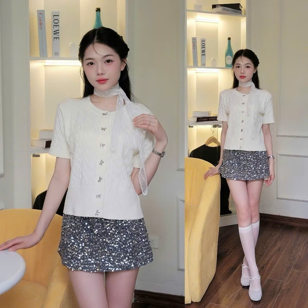 Áo Len ngắn tay dệt kim cổ tròn ba màu Hồng ,trắng, Be phối cúc nơ Phong Cách Sang Chảnh Hot trend 2026 | BigBuy360 - bigbuy360.vn