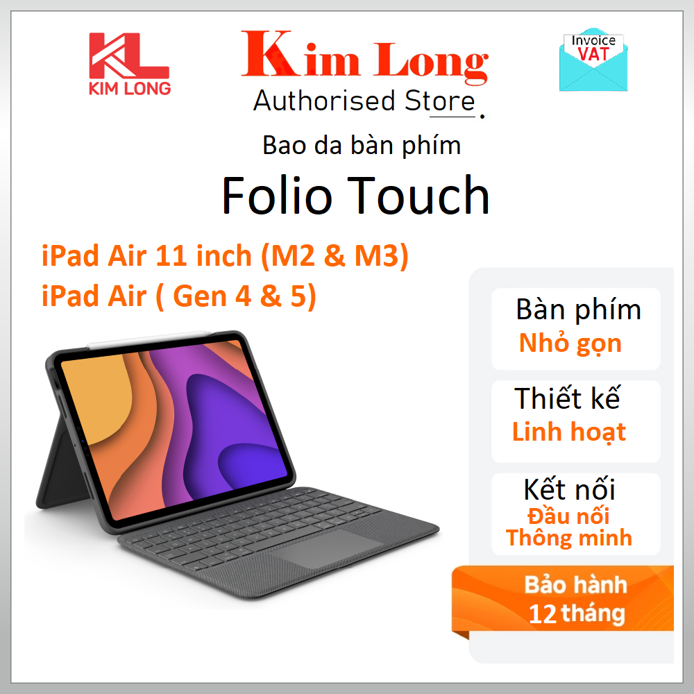 Bao da bàn phím bàn Logitech Folio Touch for iPad Air 11 inch (M2 & M3) và iPad Air (thế hệ thứ 4 & 