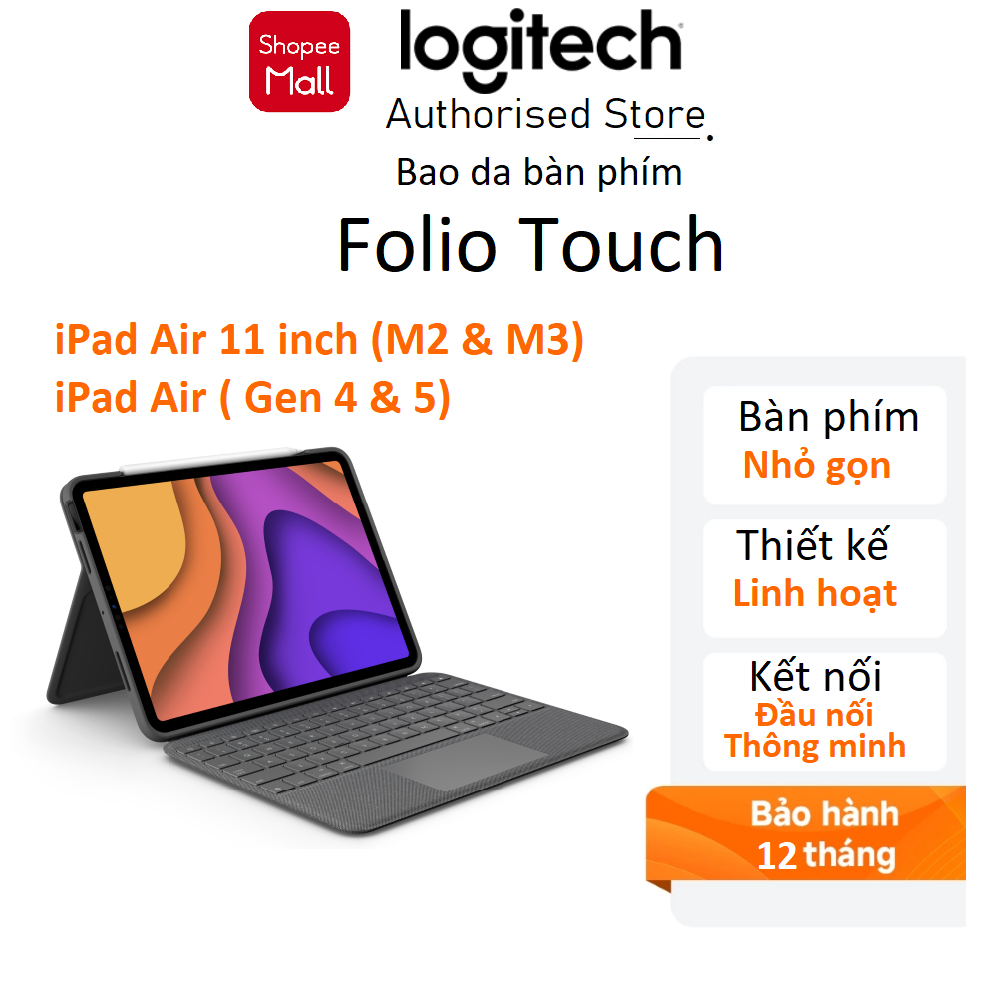 Bao da bàn phím bàn Logitech Folio Touch for iPad Air 11 inch (M2 & M3) và iPad Air (thế hệ thứ 4 & 