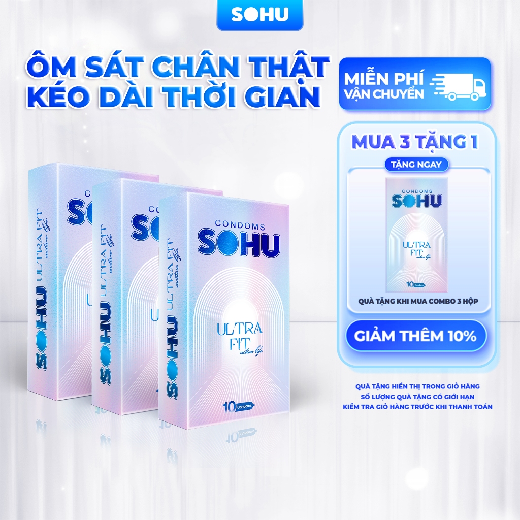 [MUA 3 TẶNG 1] Combo 3 hộp 10 bao cao su ULTRA FIT - bao cao su ôm sát 49mm kéo dài thời gian