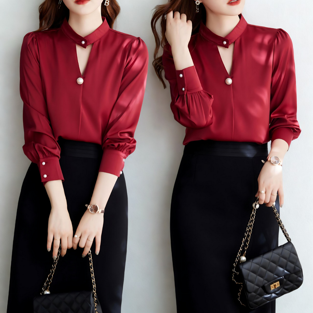 Áo sơ mi công sở nữ cổ 2 cúc chất liệu lụa Oxatyl A85 áo dài tay nữ | BigBuy360 - bigbuy360.vn