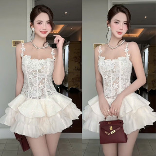  Váy Ren 2 Dây Dáng Xòe Đính Hoa Bánh Bèo Dáng Chảnh Màu kem MELLYSTORE Cao Cấp Đẹp Quyến Rũ ,Sang Trọng - Đầm Thiết Kế 