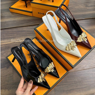    Giày Dép Huyền My   Giày cao gót mũi nhọn 6p phối charm vàng sang chảnh hàng cao cấp full hộp - TT41 