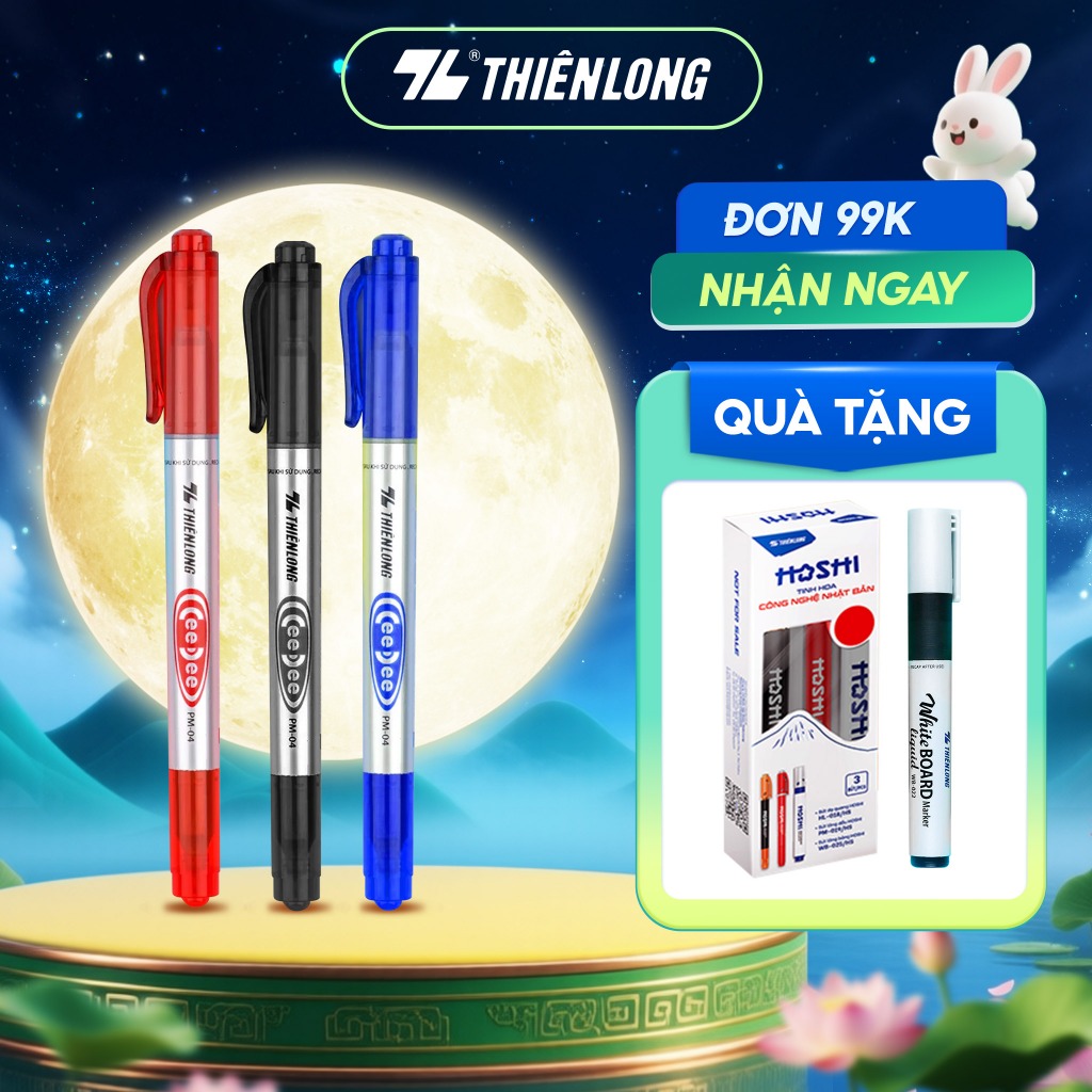 Combo 5/10/20 Bút lông dầu 2 đầu bút Thiên Long PM-04 bám dính tốt trên các vật liệu: Giấy, gỗ,nhựa, thủy tinh, gốm, sứ