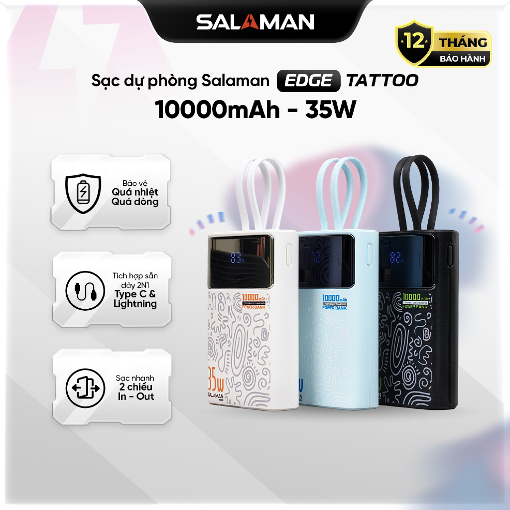 Sạc Dự Phòng Salaman Tattoo 10000mAh 35W PD QC, Tích hợp 2 Cáp Type C + Lightning, LED, Vỏ Chống Trầy, BH 12T