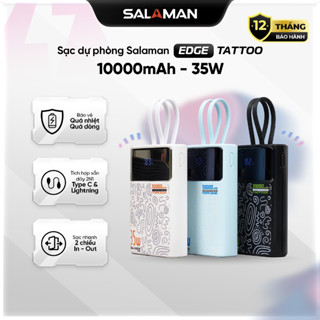 Sạc Dự Phòng Salaman Tattoo 10000mAh 35W PD QC, Tích hợp 2 Cáp Type C + Lightning, LED, Vỏ Chống Trầy, BH 12T