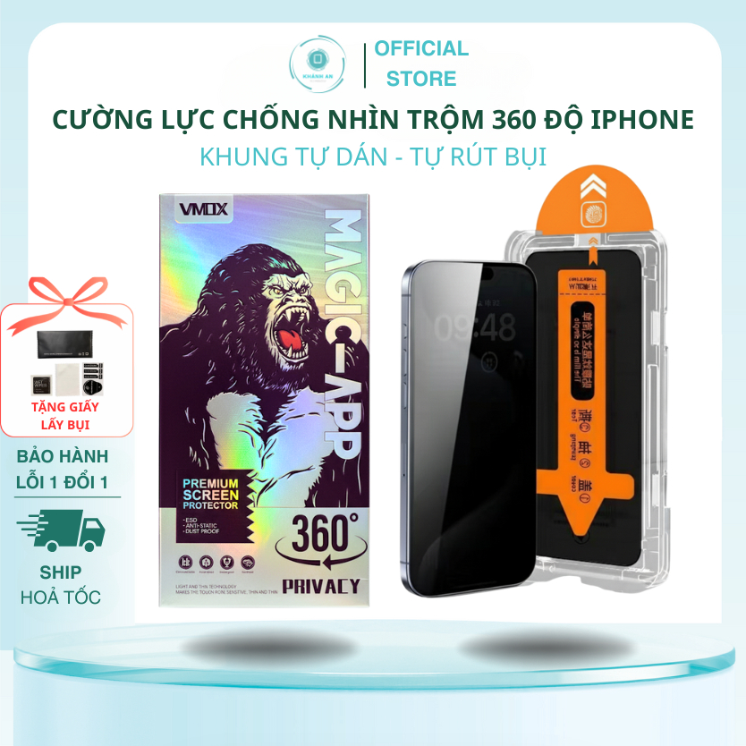 Cường Lực Iphone Chống Nhìn Trộm 360 Độ Tự Dán Iphone 17 16 15 14 13 12 11 Pro / Pro Max - Kính cường lực tự dán VMOX
