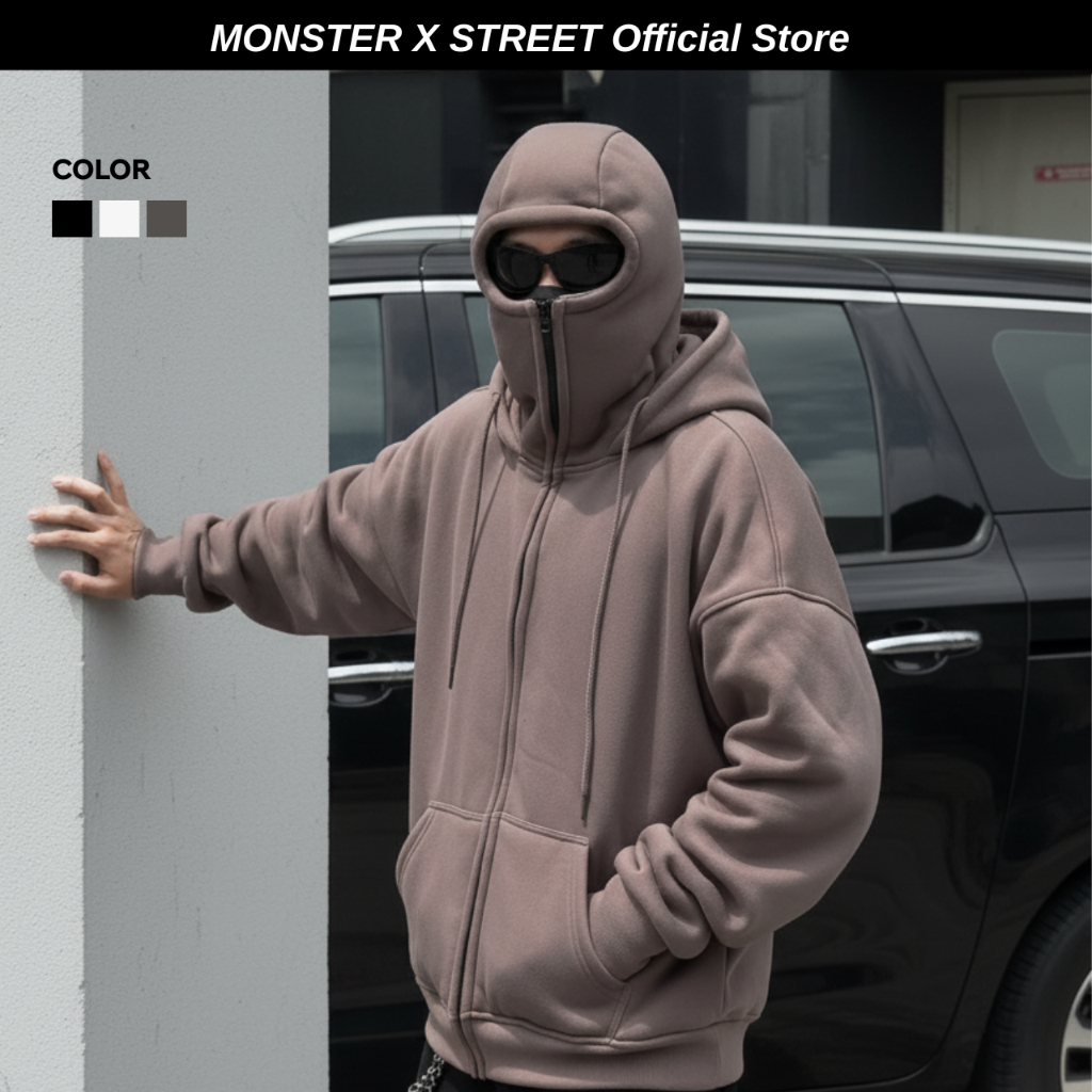 Áo Khoác Chống nắng Ninja Hoodie Zip Form Rộng Ninja 2 mũ Monster x Street, nỉ bông, xỏ ngón, nón ni