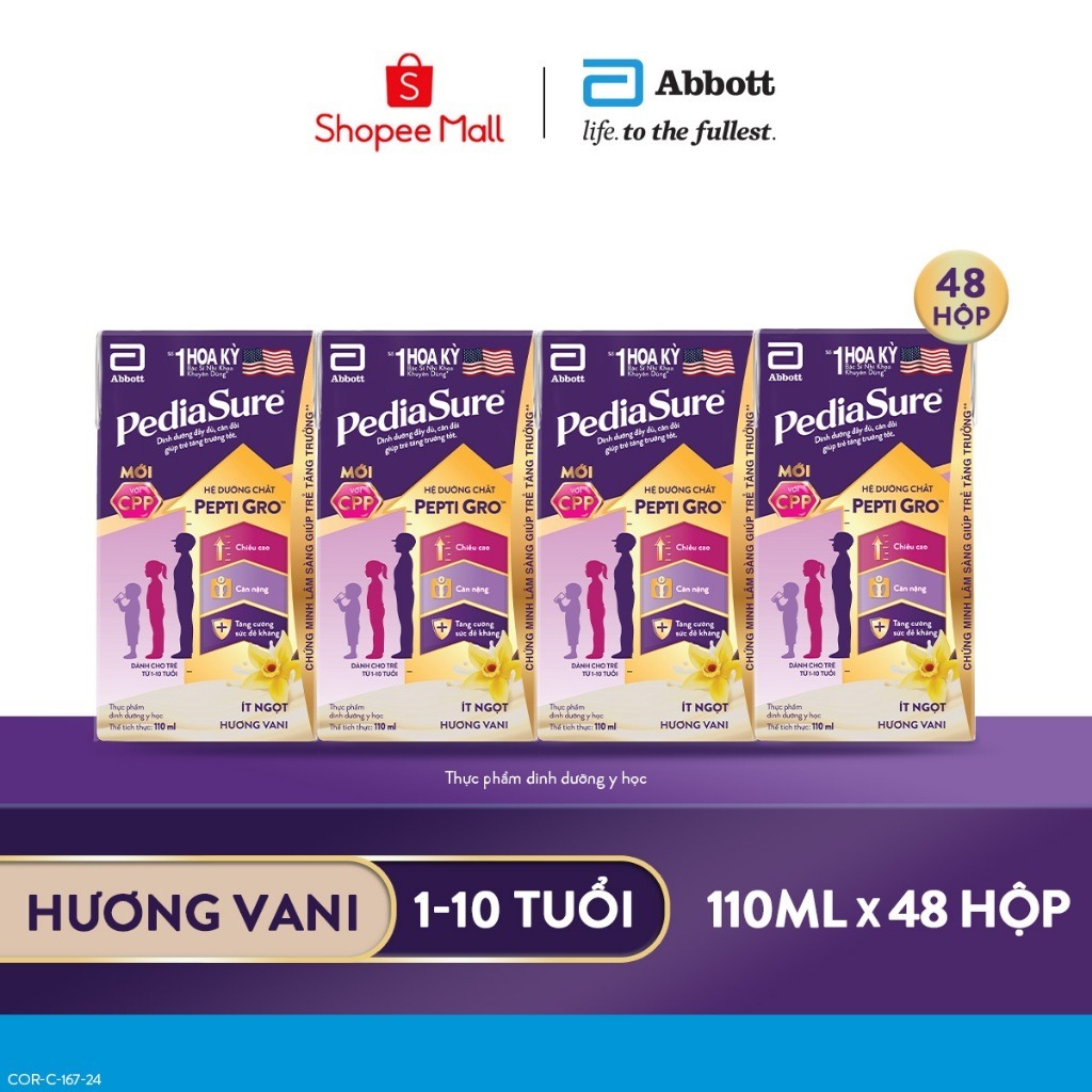 [HANNAH LIVE] 1 thùng 48 hộp PediaSure 1-10 tuổi dạng pha sẵn hương Vani 110ml