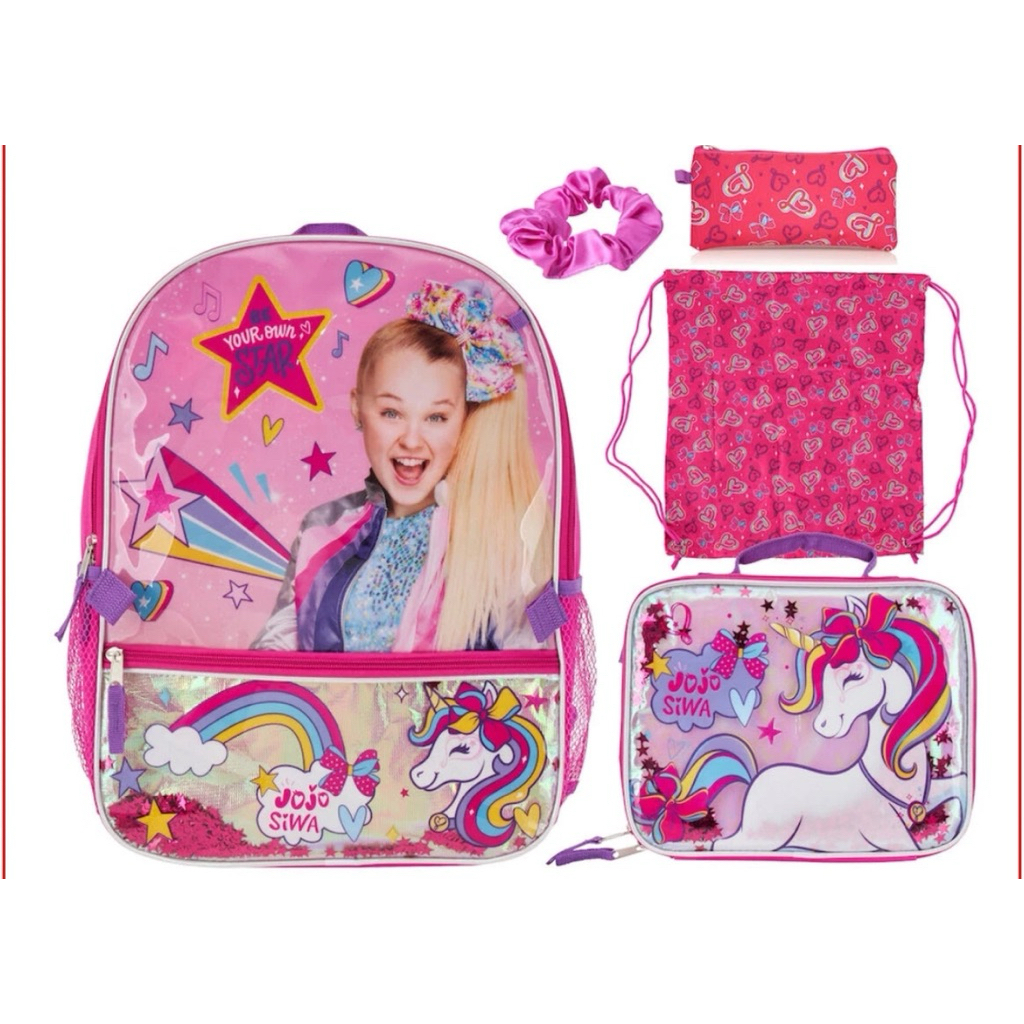 Bộ 5 món - Balo JOJO Siwa + Hộp đựng cơm trưa + Hộp đựng bút chì + Túi rút + Dây buộc tóc