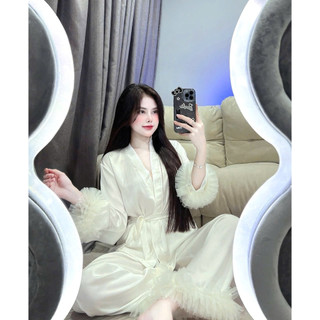 sét đồ ngủ pijama mặc nhà kimono chất latin lụa ren tầng quần dài có túi mềm mịn