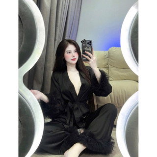 sét đồ ngủ pijama mặc nhà kimono chất latin lụa ren tầng quần dài có túi mềm mịn