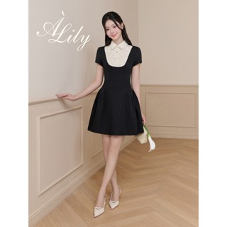 BEAUTEBYV - Váy nữ công sở sang trọng, dáng xòe chiết eo xếp ly tôn dáng phối cổ sọc kem Alyse