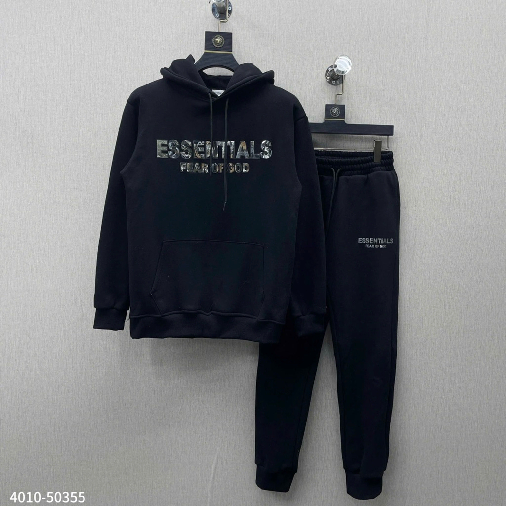 Bộ đồ nam thu đông Essentials nỉ bông in chữ tráng bạc phối logo cao su mũ dày dặn BD89P