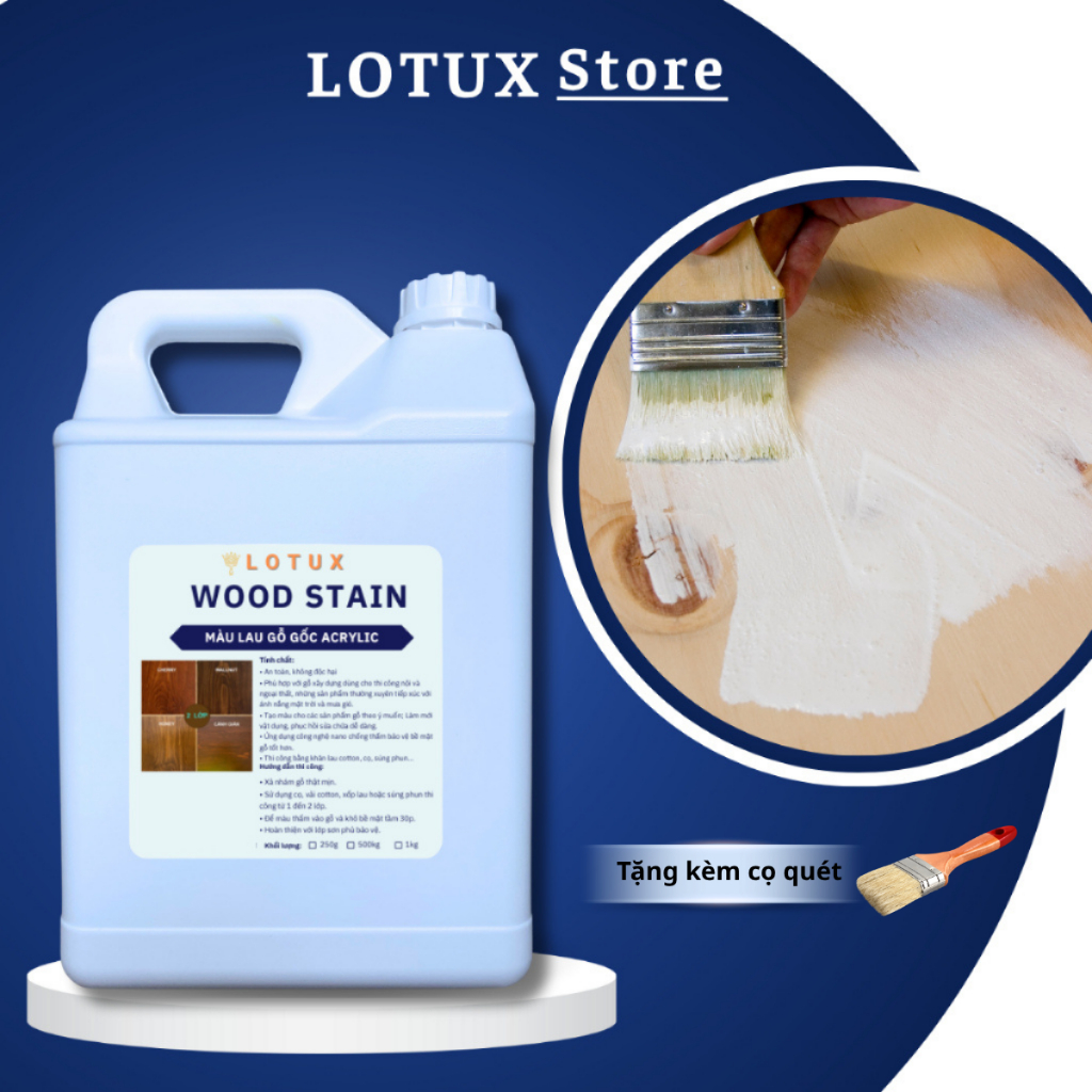 Sơn lau gỗ tạo màu, giữ vân gỗ, dễ thi công, sơn gốc nước làm gỗ lên màu tự nhiên Lotux, Can 5 lít