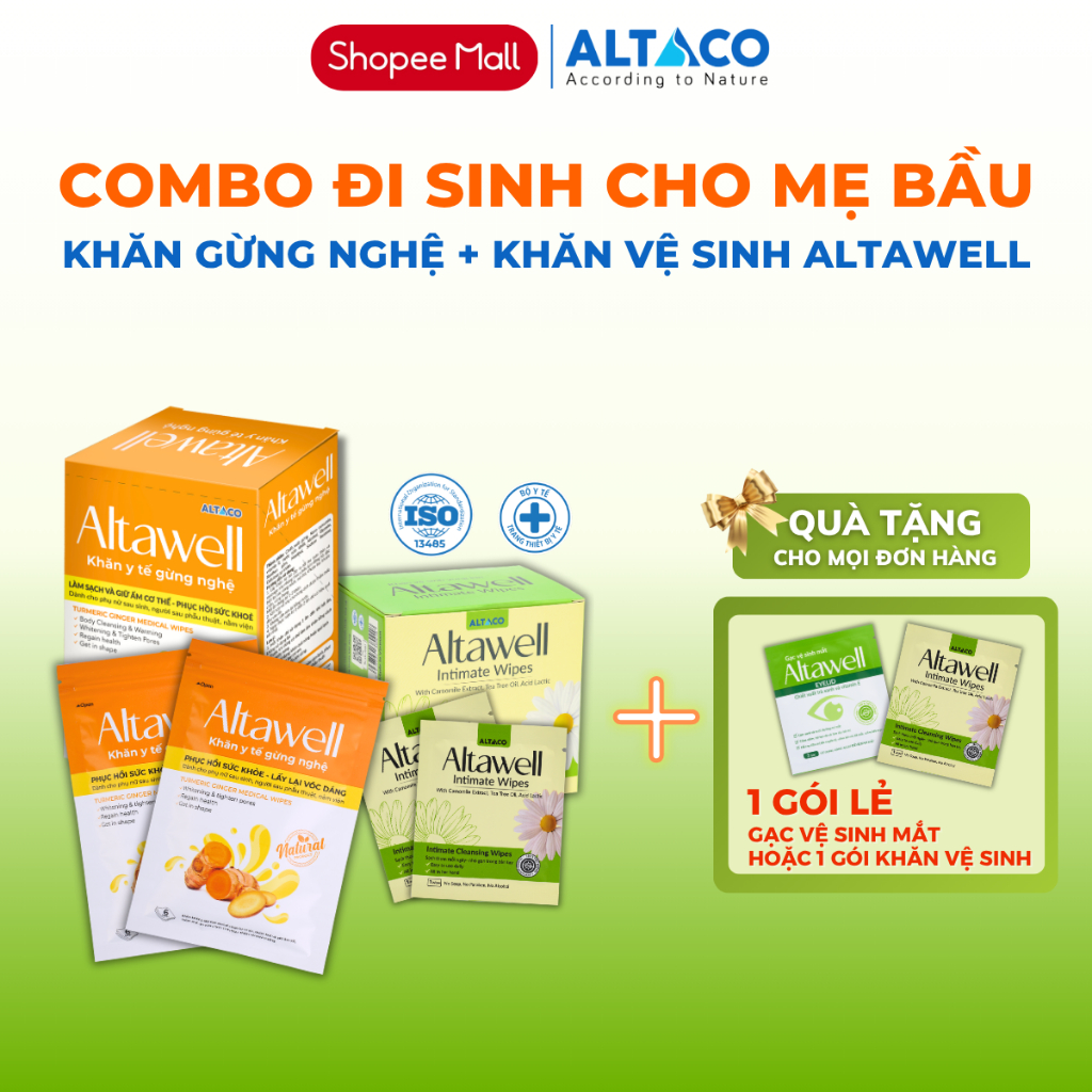 Combo cho mẹ bầu đi sinh - Khăn vệ sinh vùng kín Altawell và Khăn gừng nghệ Altawell, an toàn, vệ si