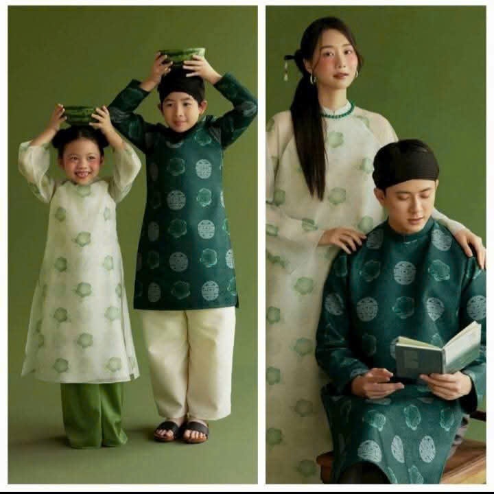 Áo dài cách tân gia đình màu xanh họa tiết may mắn phúc lộc Thiết kế cao cấp by Lucci.Design