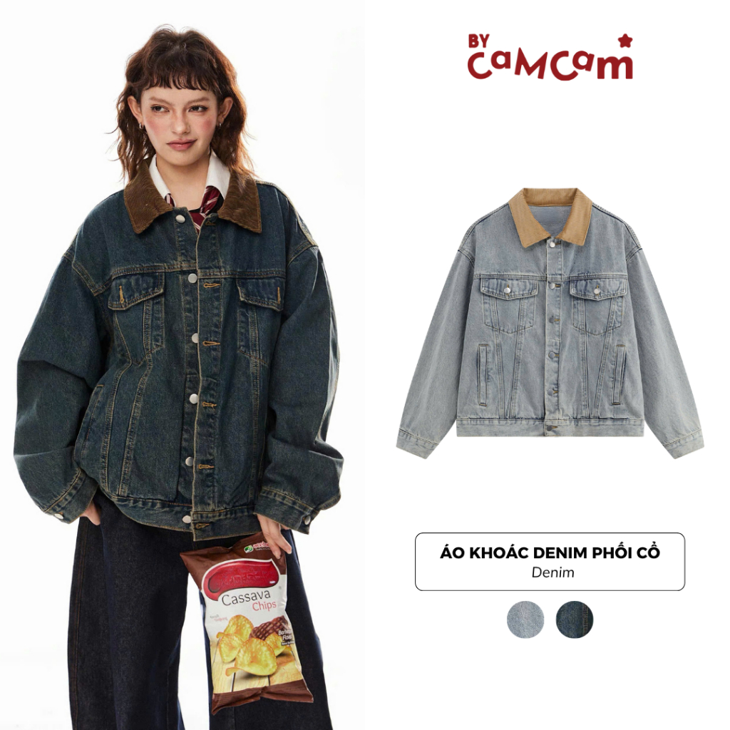 Áo Khoác Denim Cổ Nhung Tăm Form Rộng 𝑩𝒚𝒄𝒂𝒎𝒄𝒂𝒎 Áo Khoác Jean Basic Phong Cách Đường Phố AKHD411