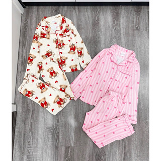 Bộ dài tay pyjama cho bé và mẹ màu hồng tim và gấu xuất dư xịn(175)