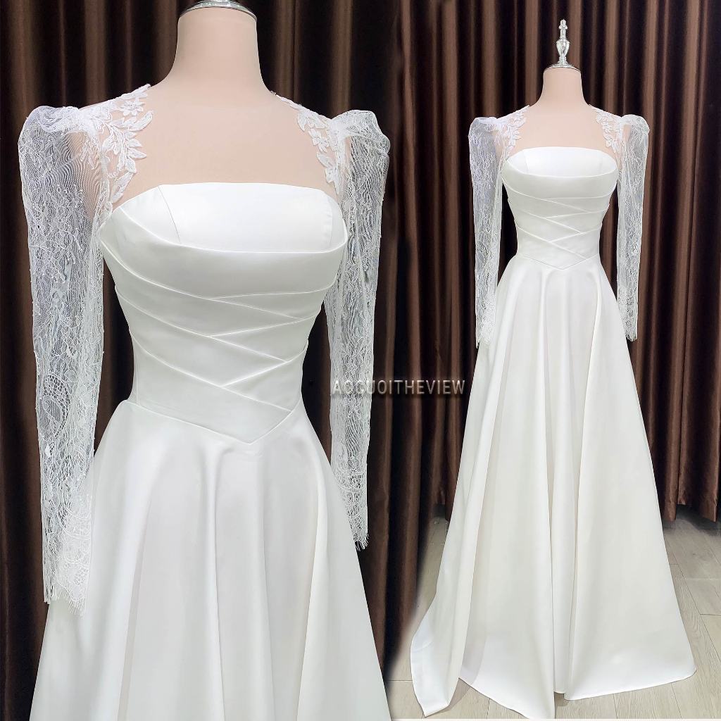 Váy cưới Maxi dài tay phối ren đi bàn xu hướng cổ điển 2025 nhẹ nhàng đơn giản sang trọng mã 106